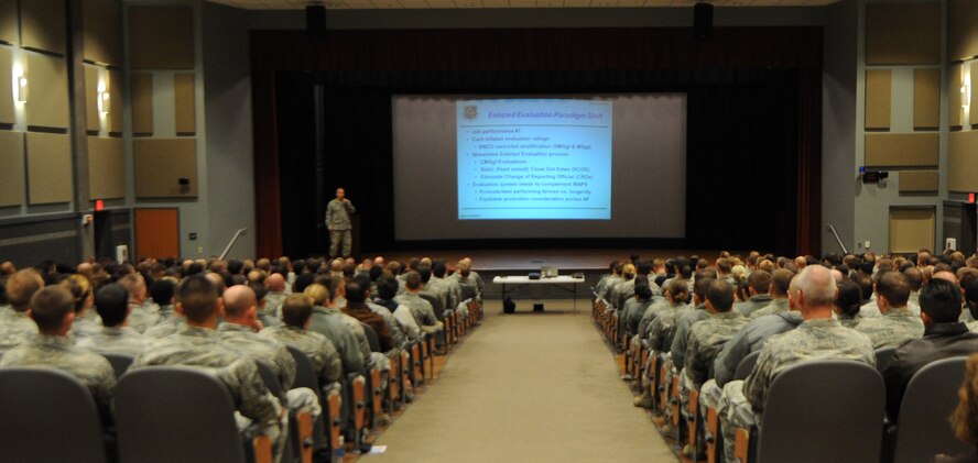 U.S. Air Force Master Sgt. Charles Rickman, 7th Force Support Squadron military personnel section superintendent, explains the paradigm shift in the Enlisted Evaluation System Nov. 18, 2014, at Dyess Air Force Base, Texas. The changes in the Enlisted Evaluation System are intended to reduce inflation in evaluation ratings and focus on performance verses longevity. (U. S. Air Force photo by Airman 1st Class Autumn Velez/Released) 