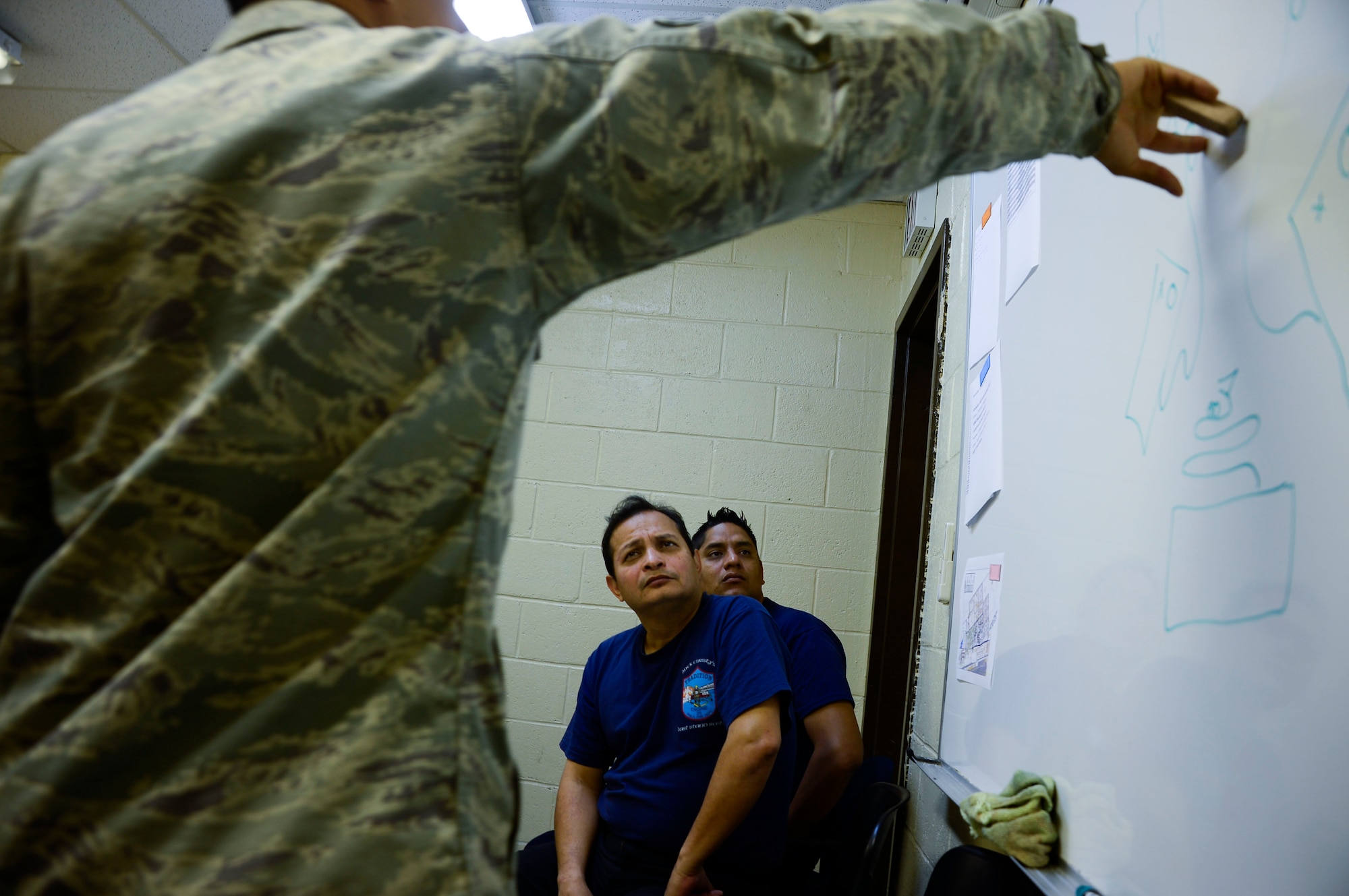 U.S. Air Force Senior Amn. Christian Mejia, 612th Air Base Squadron firefighter, briefs a group of firefighters from El Salvador on how the live-fires will be set up during El Salvador’s Autonomous Executive Port Commission airport firefighter live-fires on Soto Cano Air Base, Honduras, Dec. 3, 2014.  The 612th ABS firefighters facilitated El Salvador’s Autonomous Executive Port Commission airport firefighter qualification by providing live-fires.  The Salvadoran airport firefighters have a requirement very similar to the United States standards that requires members of their airport fire departments to be qualified annually on their ability to control a live-fire.   (U.S. Air Force photo/Tech. Sgt. Heather Redman)