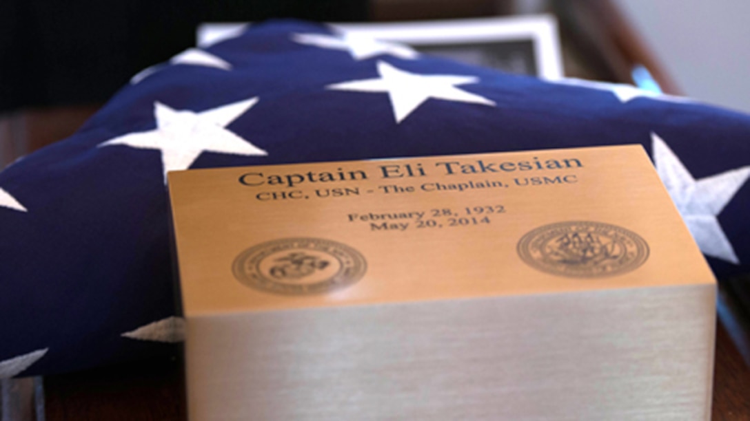 Capt. Eli Takesian’s ashes and service flag rest in the Old Post Chapel in Fort Meyer, Va. before being marched by the Navy Honor Guard to Takesian’s burial site on Dec. 4, 2014. Takesian died May 20, 2014 at the Walter Reed National Military Medical Center in Bethesda, Md. Takesian is most renowned for the care and aid he provided to the Marines of 1st Battalion, 5th Marine Regiment at the bloody battle of Hue City during the Vietnam War.