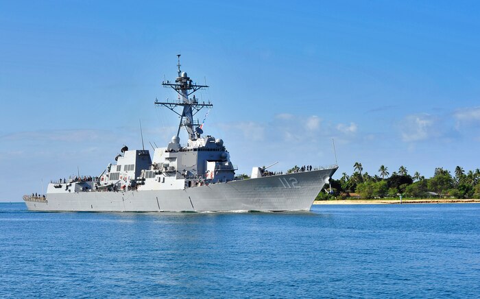 In this photo, the guided-missile destroyer USS Michael Murphy (DDG 112) is returning with 19 civilians embarked who were transferred from Protecteur, which experienced an engine fire and is under tow returning to Pearl Harbor.      