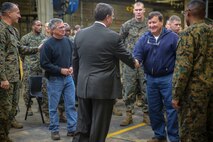 Mr. Paul Peters, acting Assistant Secretary of Defense for Logistics and Materiel Readiness, commends DoD civilian contractors and Marines with 2nd Supply Battalion, Combat Logistics Regiment 25, 2nd Marine Logistics Group, for their efforts and accomplishments during a ceremony aboard Camp Lejeune, N.C., Dec. 3, 2014. The Marines’ hard work supported their fellow service members in numerous operations, exercises, and deployments.