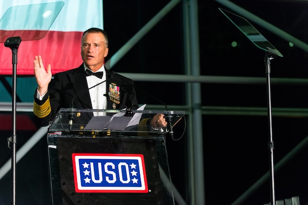 Vice Chairman of the Joint Chiefs of Staff Adm. James A. Winnefeld, Jr., speaks at the USO's 53rd Armed Forces Gala and Gold Medal Dinner at the Jacob Javits Center in New York City, Dec. 4, 2014. Admiral Winnefeld thanked the USO for all the services they provide service members and their families. He and his wife just received USO Distinguished Service Awards, which recognize exemplary leadership in service to the U.S. Armed Forces.