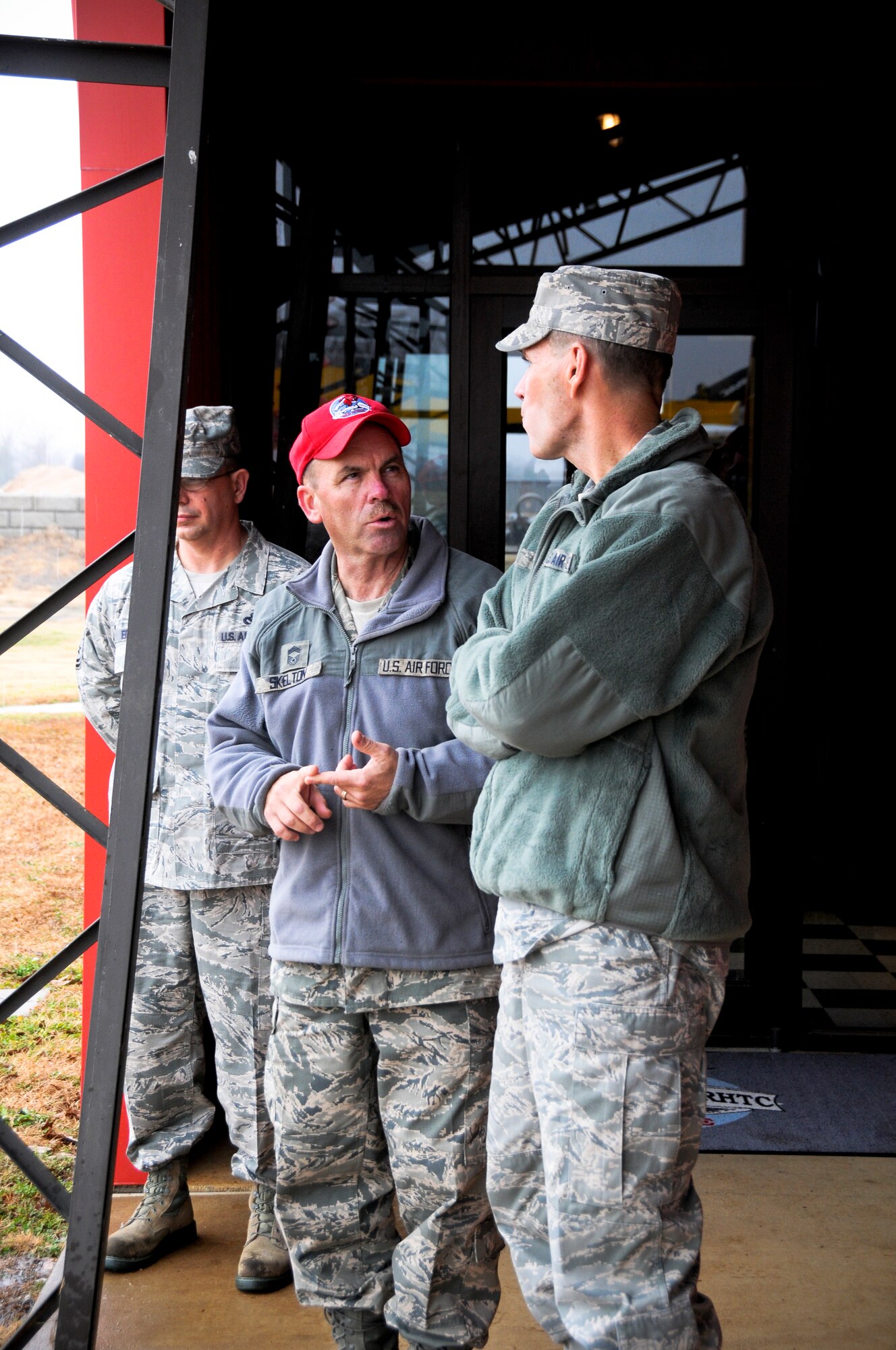 Chief Master Sgt. Gary Skelton, 188th Civil Engineer Squadron, discusses the capabilities of the Urban Search and Rescue facility at Ebbing Air National Guard Base with Lt. Gen. Stanley E. Clarke III, director of the Air National Guard, Dec. 5, 2014.  Clarke toured the 188th Wing’s facilities, spoke with Airmen, and learned about the unit’s mission and contributions to the Air National Guard on his day-long visit. (U.S. Air National Guard photo by Airman 1st Class Cody Martin/released) 