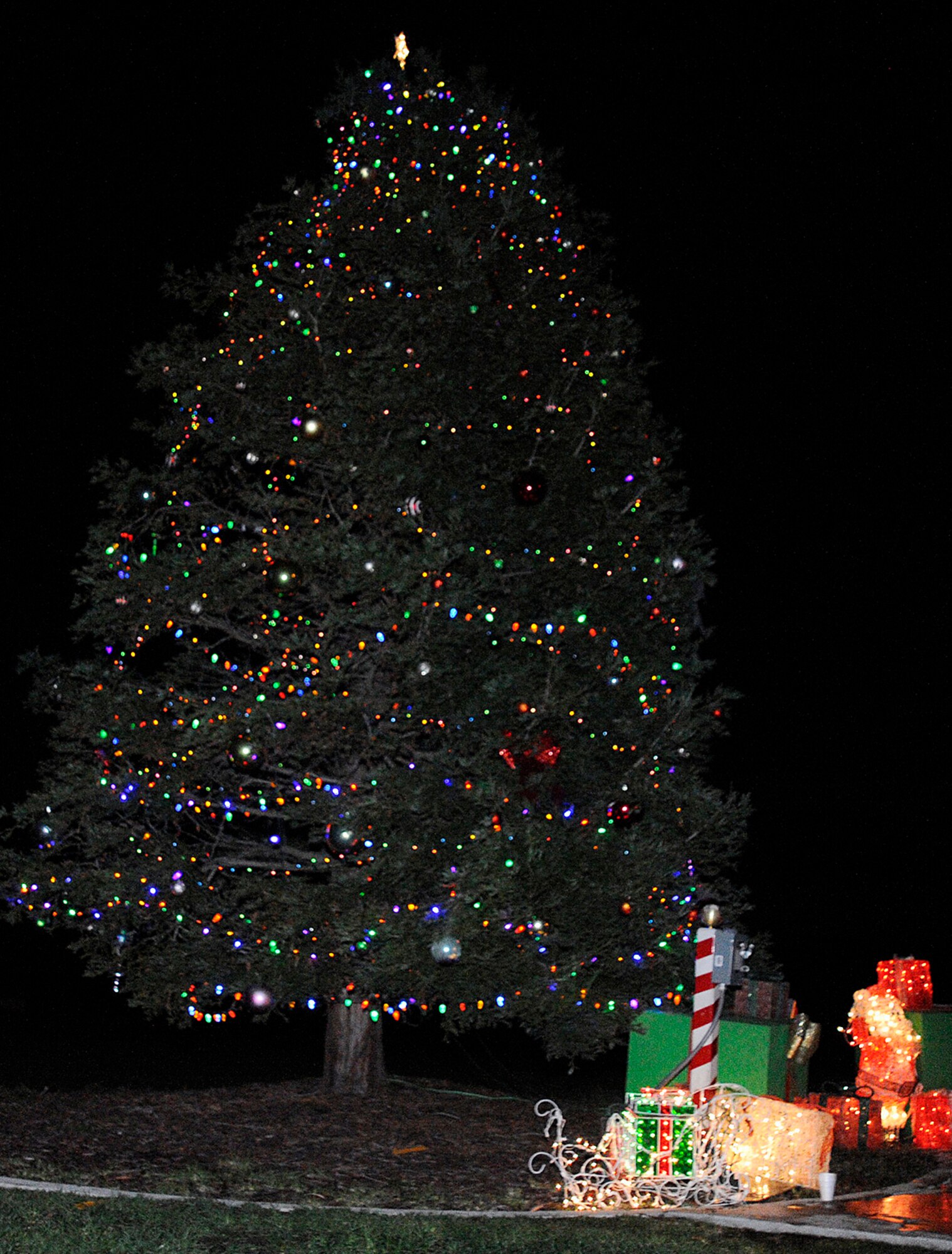 Members of Vandenberg recently celebrated the beginning of the holiday season with a tree lighting ceremony, Dec. 4, 2014, Vandenberg Air Force Base, Calif. Base family and personnel gathered for the festivities that included the tree lighting, Christmas caroling, and a surprise appearance from Santa Claus. (U.S. Air Force photo by Airman Robert Volio/Released)