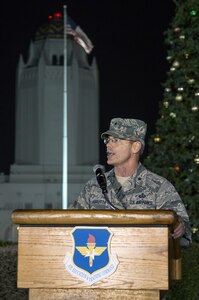 Brig. Gen. Bob LaBrutta, 502nd Air Base Wing and Joint Base San Antonio commander, addresses the crowd at the annual Christmas tree lighting ceremony Dec. 4 at Joint Base San Antonio-Randolph’s Washington Circle. The Joint Base San Antonio-Randolph community gathered for the tree lighting event to kick off the holiday season. (U.S. Air Force photo by Johnny Saldivar)