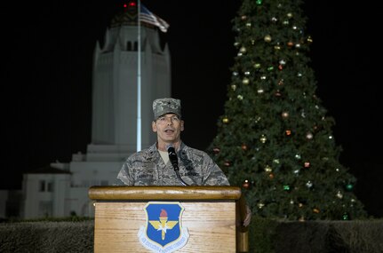 Brig. Gen. Bob LaBrutta, 502nd Air Base Wing and Joint Base San Antonio commander, addresses the crowd at the annual Christmas tree lighting ceremony Dec. 4 at Joint Base San Antonio-Randolph’s Washington Circle. The Joint Base San Antonio-Randolph community gathered for the tree lighting event to kick off the holiday season. (U.S. Air Force photo by Johnny Saldivar)