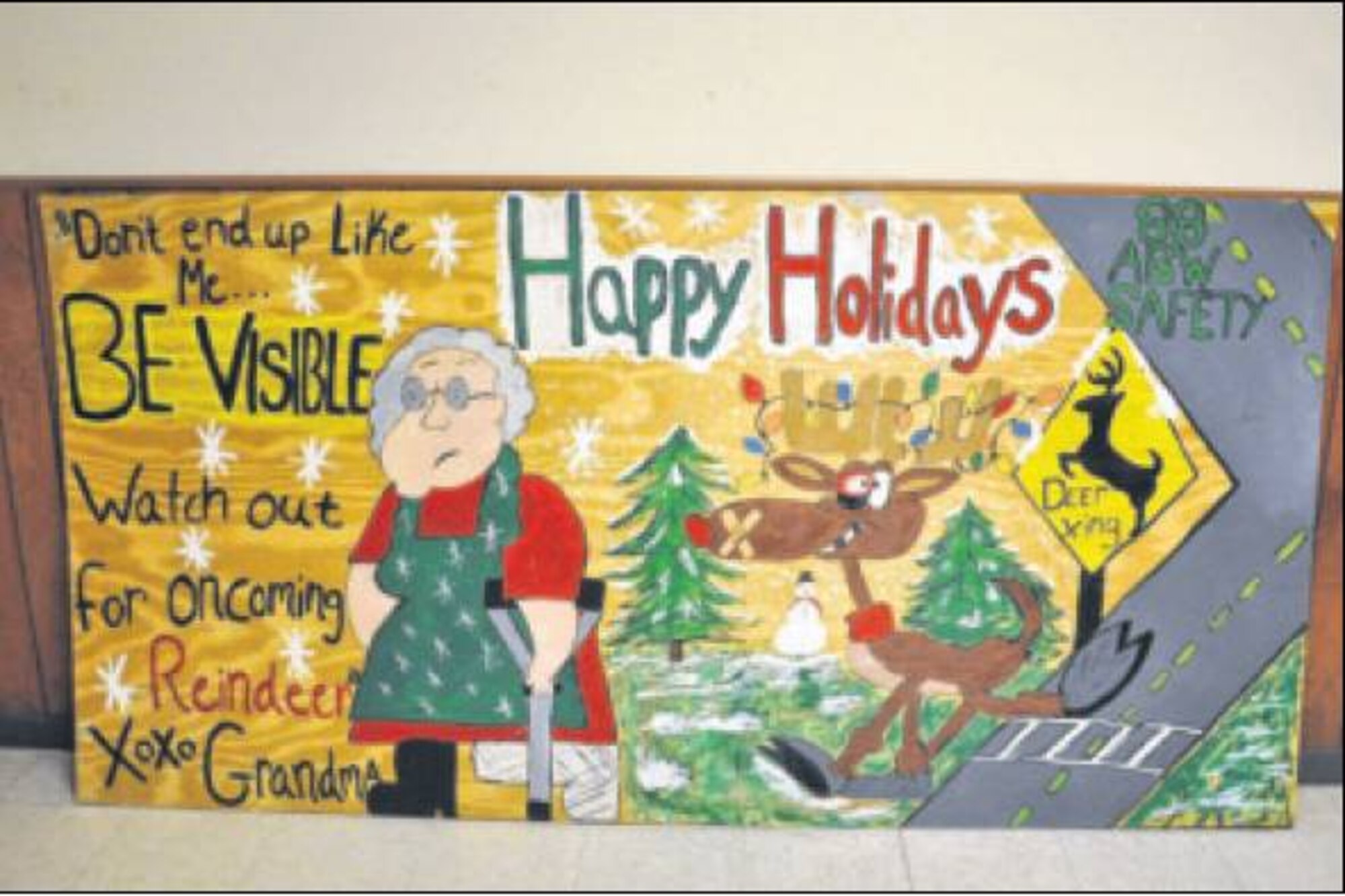 The winning card was constructed by the 88th Air Base Wing Safety Office and featured a warning from “grandma” and a reindeer about the importance of visibility. All of the entries are currently on display along Spruce Way in Area A. (Air Force photos by Diane Kofoed) 