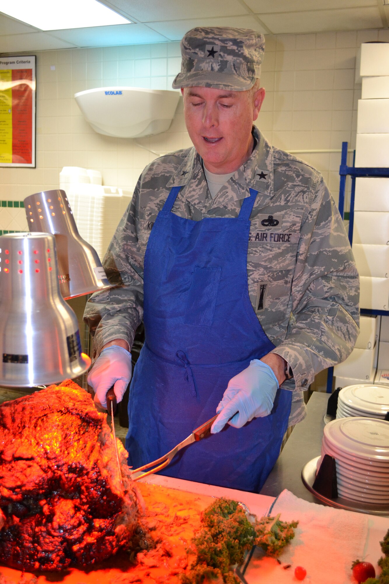 Brig. Gen. Gene Kirkland, Oklahoma City Air Logistics Complex commander, carves some roast beef at the Vanwey Dining Facility on Thanksgiving. Senior Tinker leadership took turns serving a holiday meal to Tinker personnel, retirees and their family members. (Air Force photo by Ron Mullan)