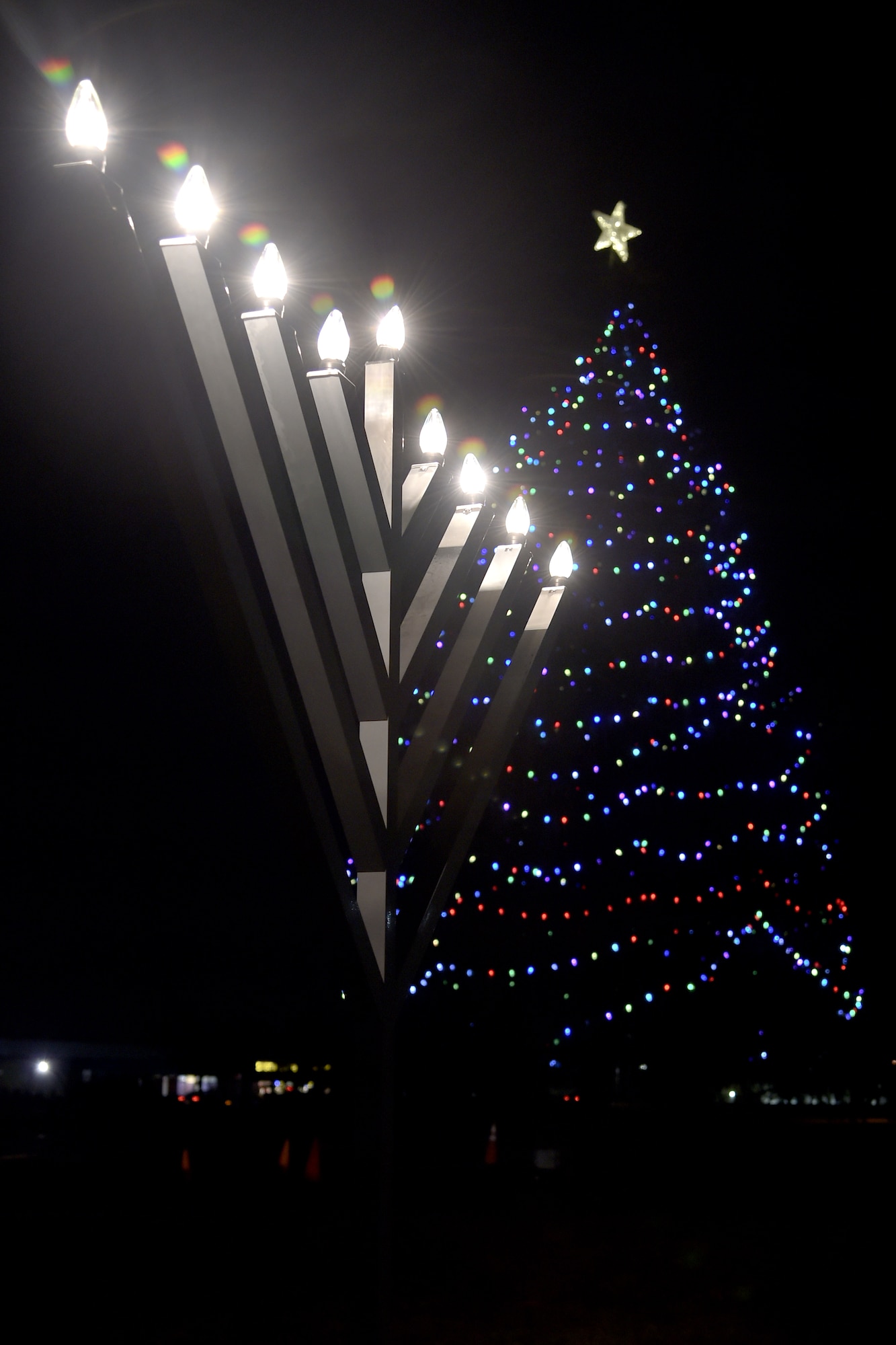 The Joint Base Andrews' Menorah was lit during the Christmas Tree and Hanukkah Menorah Lighting on JBA, Dec. 3, 2014. The lighting is an annual event kicking off the holiday season. (U.S. Air Force photo/ J.D. Maidens