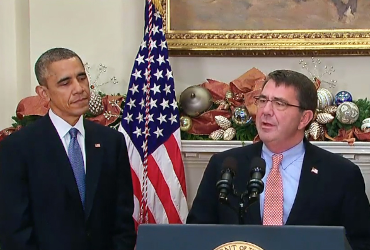 Ashton B. Carter offers remarks after President Barack Obama nominated him to serve as the next defense secretary during an event at the White House, Dec. 5, 2014. Obama's announcement followed the resignation of Chuck Hagel, who will remain in office until the U.S. Senate confirms a successor. Carter served as deputy defense secretary from October 2011 to December 2013, and served as undersecretary of defense for acquisition, technology and logistics before that. Video screen shot 