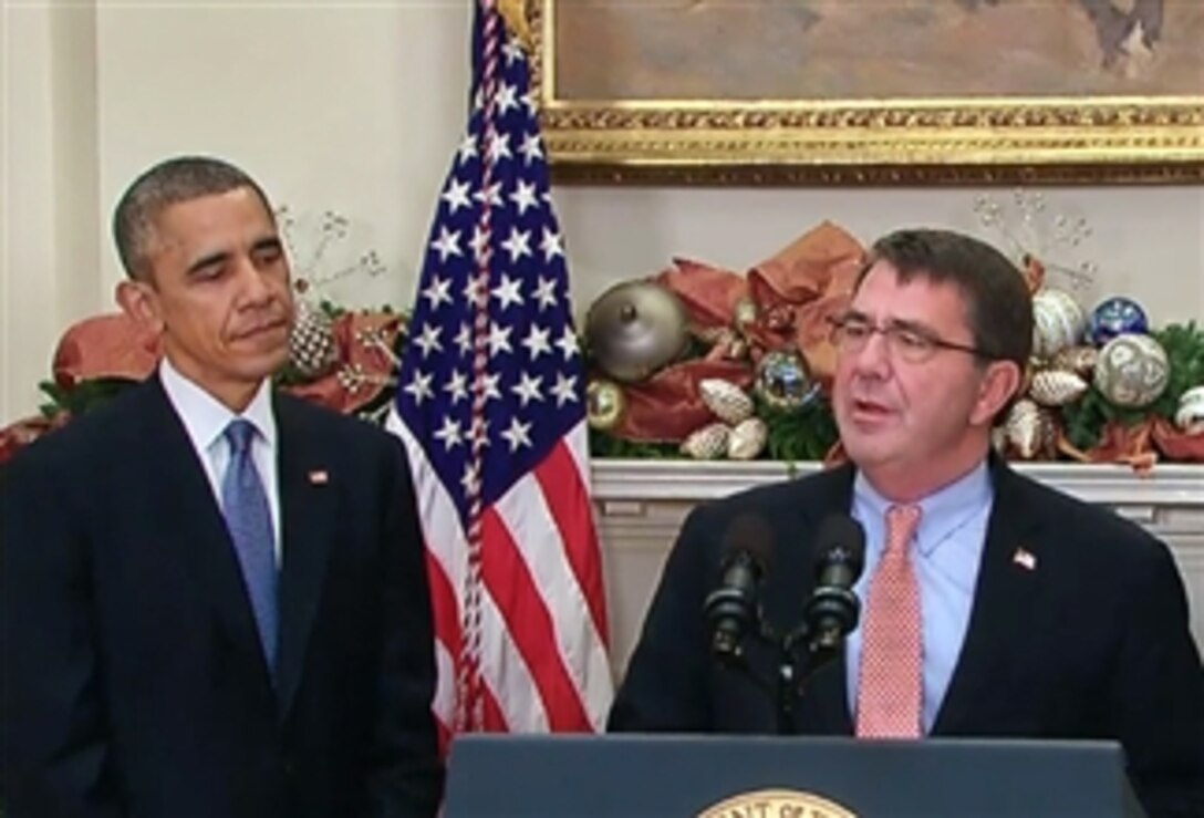 Ashton B. Carter offers remarks after President Barack Obama nominated Carter to serve as the next defense secretary during an event at the White House, Dec. 5, 2014. Obama's announcement followed the resignation of Chuck Hagel, who will remain in office until the U.S. Senate confirms a successor. Carter served as deputy defense secretary from October 2011 to December 2013, and served as undersecretary of defense for acquisition, technology and logistics before that.