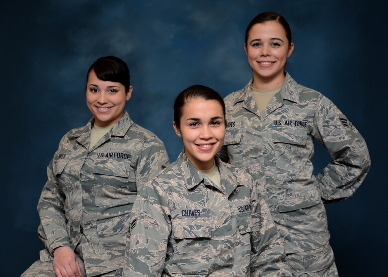 Airman 1st Class Andrea Chaves, center, is the Maryland Air National Guard December Spotlight Airman. Both her sisters are also members of the 175th Wing. She is joined by Senior Airmen, Orlany Chaves, left, and Nicole Chaves, right.  (U.S. Air National Guard Photo by Tech. Sgt. Christopher Schepers/RELEASED)