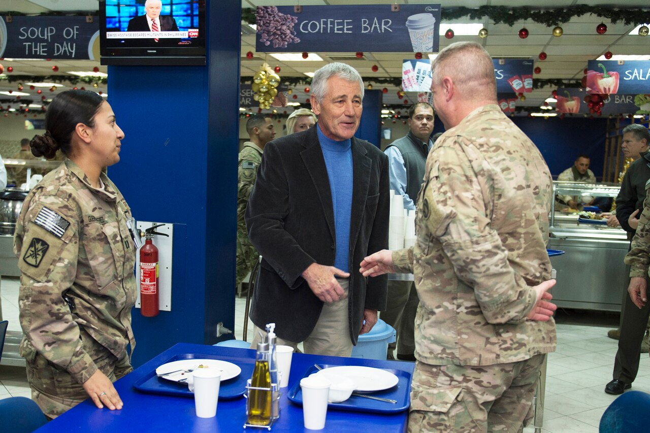 U.S. Defense Secretary Chuck Hagel visits U.S. service members at the International Security Assistance Force dining facility in Kabul, Afghanistan, Dec. 6, 2014. DoD photo by U.S. Air Force Master Sgt. Adrian Cadiz
