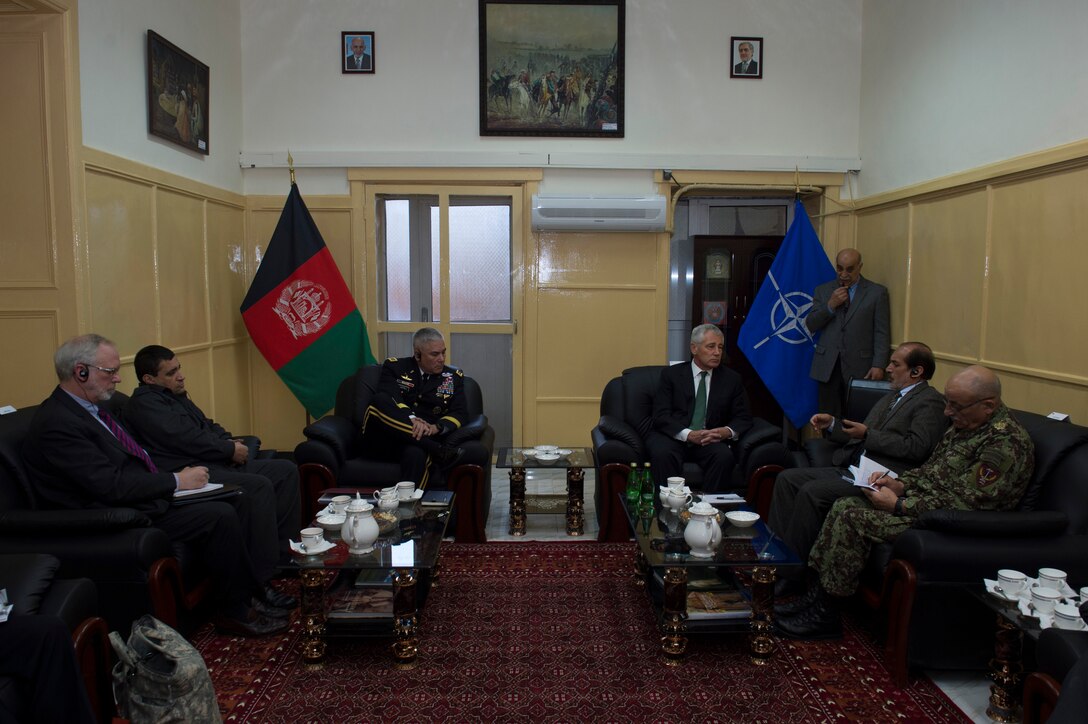 U.S. Defense Secretary Chuck Hagel and U.S. military and civilian officials meet with Enayatullah Nazari, Afghanistan’s acting defense minister, and Afghan Gen. Mohammad Ayub Salangi, acting minister of the interior, to discuss matters of mutual importance in Kabul, Afghanistan, Dec. 6, 2014. 