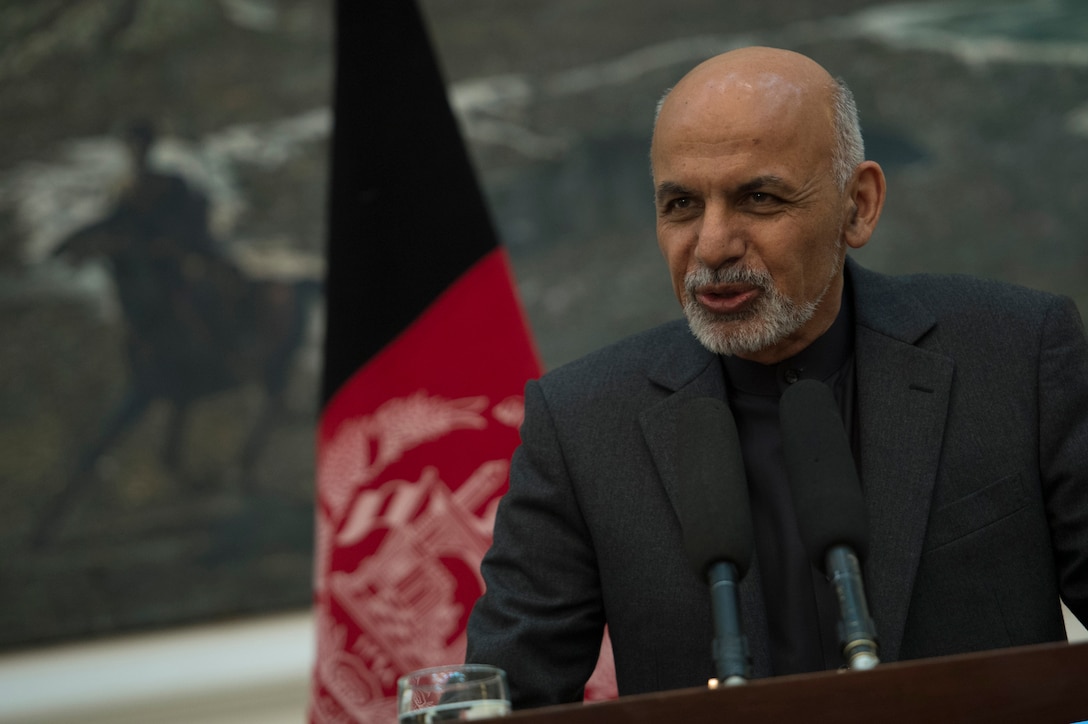 Afghan President Ashraf Ghani speaks during a press conference with U.S. Defense Secretary Chuck Hagel, not shown, at the Presidential Palace in Kabul, Afghanistan, Dec. 6, 2014. 