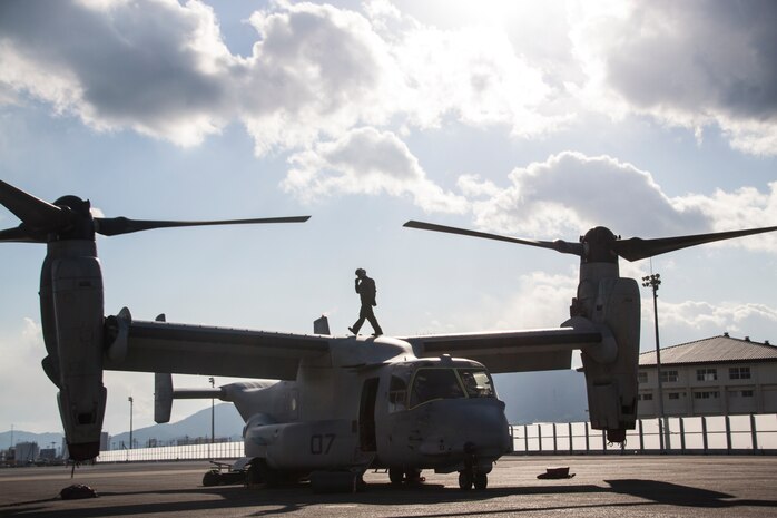 Three MV-22B Osprey with Marine Medium Tiltrotor Squadron 265 landed aboard Marine Corps Air Station Iwakuni, Japan, Dec. 6, 2014, to refuel and begin planning for support of Exercise Forest Light in Kumamoto Prefecture. Forest Light is a routine, semiannual training exercise that enhances the readiness of the U.S. Marine Corps and Japan Ground Self-Defense Force and is in accordance with the U.S.-Japan Treaty of Mutual Cooperation and Security.