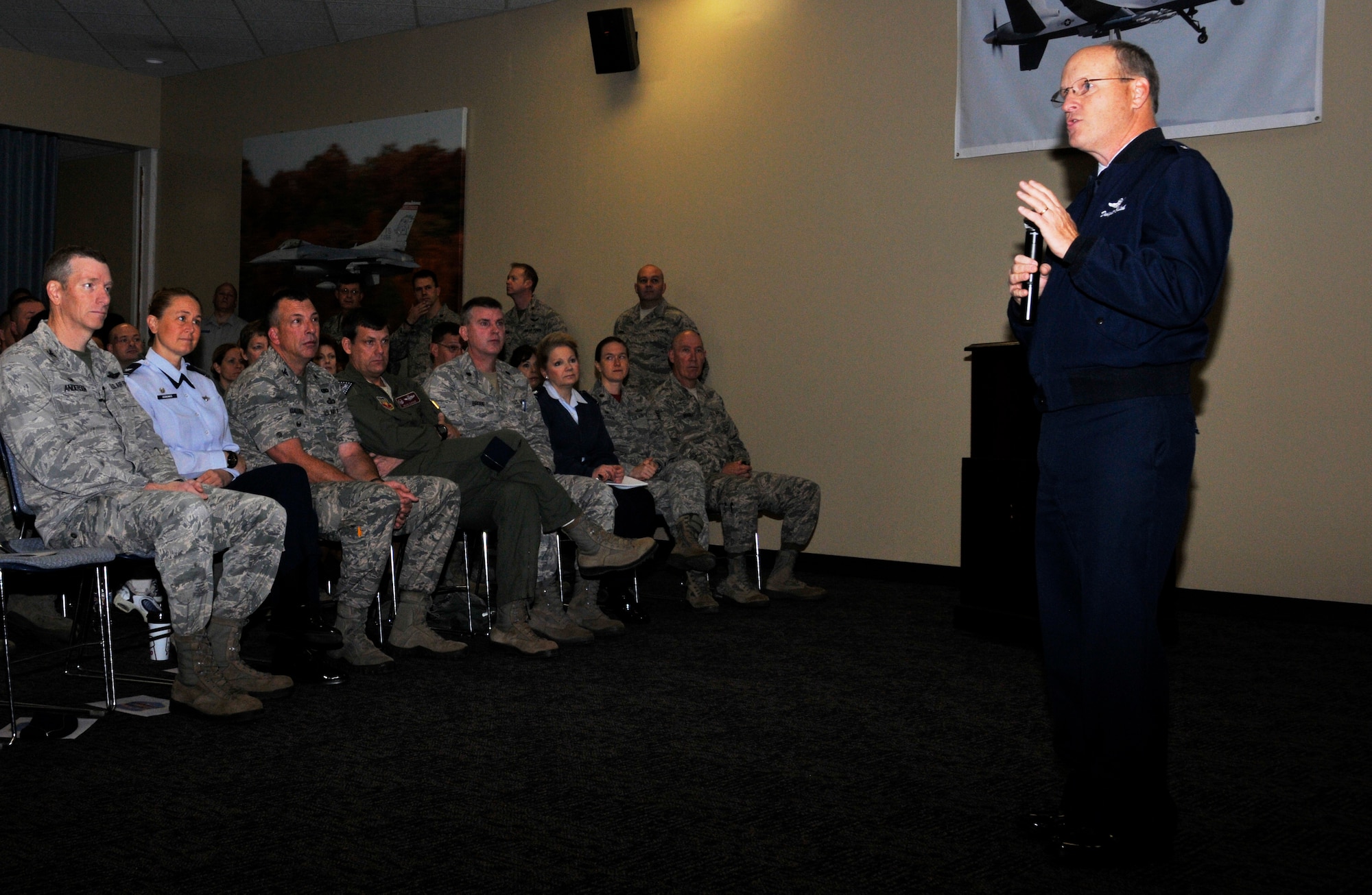 Brig. Gen. Dwight Balch, commander of the Arkansas Air National Guard, speaks to Airmen at the 188th Wing Dec. 7, 2014. Balch announced that Col. Bobbi Doorenbos was tabbed as the future 188th Wing commander. Doorenbos is scheduled to take command of the 188th in January 2015. Doorenbos is currently assigned to the Arizona Air National Guard where she serves as the 214th Reconnaissance Group commander. (U.S. Air National Guard photo by Staff Sgt. John Suleski/released)