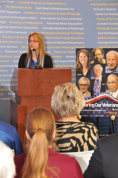 Lt. Col. Michele Papakie, the Wing Inspector General at the 171st Air Refueling Wing located near Pittsburgh, was recognized for her distinguished military career at a ceremony  that honored veterans from the western Pennsylvania region. The event was held Thursday, Nov. 6, 2014 at the PNC Legacy Building in downtown Pittsburgh. “Honoring Our Veterans” was the title of the program and this was the goal of the PNC Legacy Project. The initiative honored a total of 12 Western Pennsylvania veterans. These veterans had a vast range of service history, serving from World War II to the current conflicts in Iraq and Afghanistan. The ages of veterans were also broad; ranging from 25 to 93 years old. (U.S. Air National Guard photo by Master Sgt. Shawn Monk/Released)
