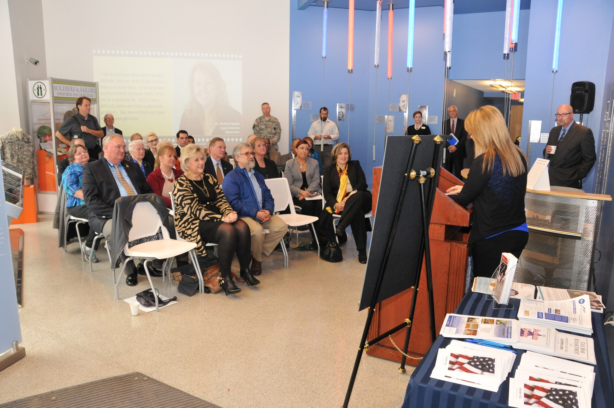 Lt. Col. Michele Papakie, the Wing Inspector General at the 171st Air Refueling Wing located near Pittsburgh, was recognized for her distinguished military career at a ceremony  that honored veterans from the western Pennsylvania region. The event was held Thursday, Nov. 6, 2014 at the PNC Legacy Building in downtown Pittsburgh. “Honoring Our Veterans” was the title of the program and this was the goal of the PNC Legacy Project. The initiative honored a total of 12 Western Pennsylvania veterans. These veterans had a vast range of service history, serving from World War II to the current conflicts in Iraq and Afghanistan. The ages of veterans were also broad; ranging from 25 to 93 years old. (U.S. Air National Guard photo by Master Sgt. Shawn Monk/Released)
