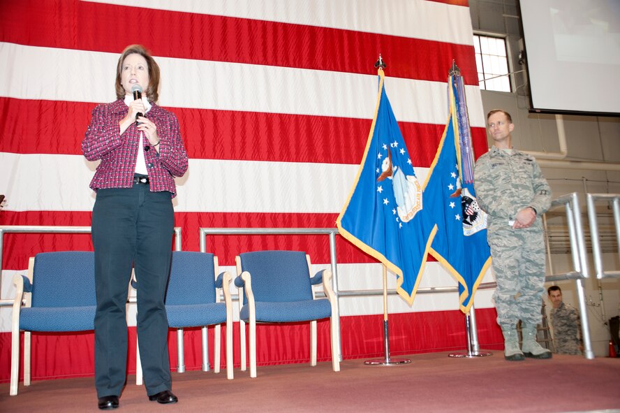 Missouri Congresswoman Vicky Hartzler speaks to the 442nd Fighter Wing Dec. 6 at the annual Christmas party that was also a welcome home party for the operations and maintenance squadrons who were deployed to Afghanistan for seven months earlier in 2014. Whiteman Air Force Base, home of the A-10 Warthog and B-2 Bomber of the 509th Bomb Wing, falls under Hartley’s 4th district. (U.S. Air Force photo by Capt. Denise Haeussler)
