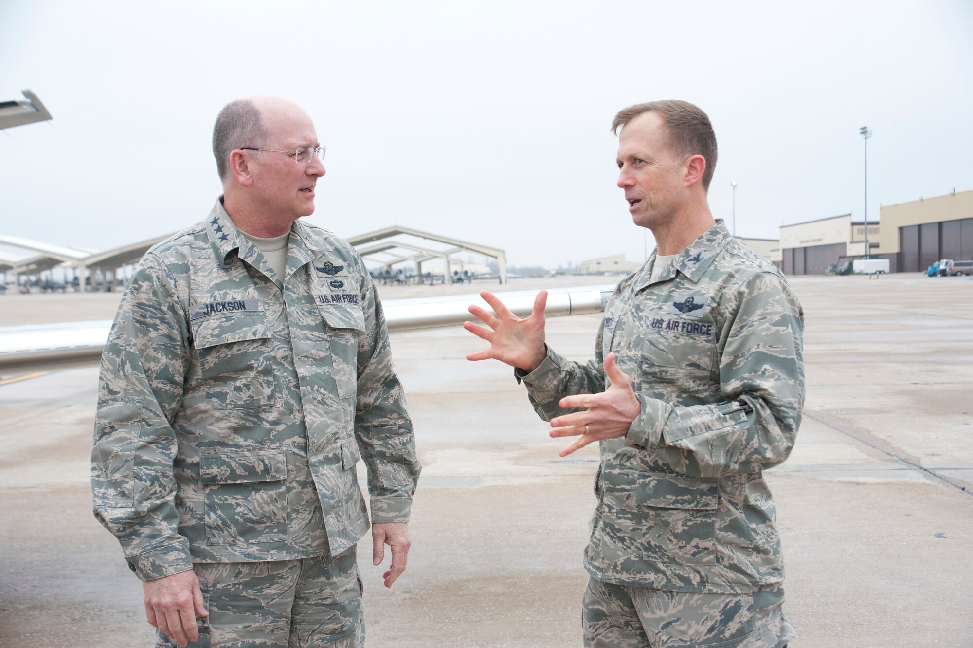 Lt. Gen. Jackson, Air Force Reserve Commander commander,  is welcomed to Whiteman Air Force Base by Col. Hubert Hegtvedt, 442nd Fighter Wing commander, Dec. 6. Jackson attended the annual Christmas party that was also a welcome home party for the operations and maintenance squadrons who were deployed to Afghanistan earlier in 2014. (U.S. Air Force photo by Capt. Denise Haeussler)