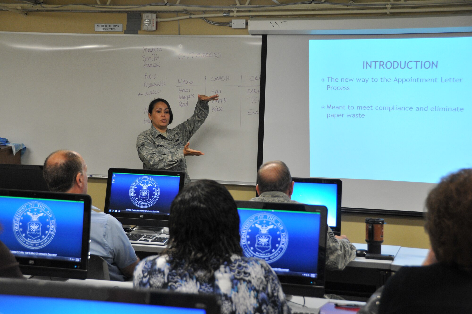 Senior Airman Tatiana Baines, 512th Squadron Communications Operations flight knowledge operations specialist, provides training on the Appointment Letter Management Tool to 512th Airlift Wing Airmen Aug. 7, 2014 here at Dover Air Force Base, Del. The ALMT is a new resource on the 512th AW Enterprise Information Management system and will be fully implemented on March 15, 2015. (U.S. Air Force photo/Staff Sgt. Mercedes Crossland)