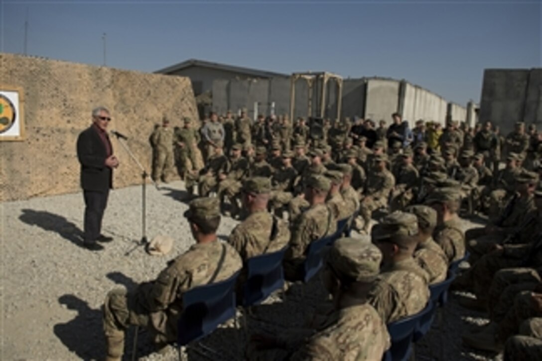 U.S. Defense Secretary Chuck Hagel addresses service members on Forward Operating Base Gamberi, Afghanistan, Dec. 7, 2014.