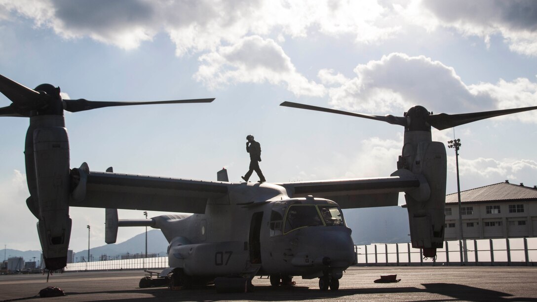 Three MV-22B Osprey with Marine Medium Tiltrotor Squadron 265 landed aboard Marine Corps Air Station Iwakuni, Japan, Dec. 6, 2014, to refuel and begin planning for support of Exercise Forest Light in Kumamoto Prefecture. Forest Light is a routine, semiannual training exercise that enhances the readiness of the U.S. Marine Corps and Japan Ground Self-Defense Force and is in accordance with the U.S.-Japan Treaty of Mutual Cooperation and Security.