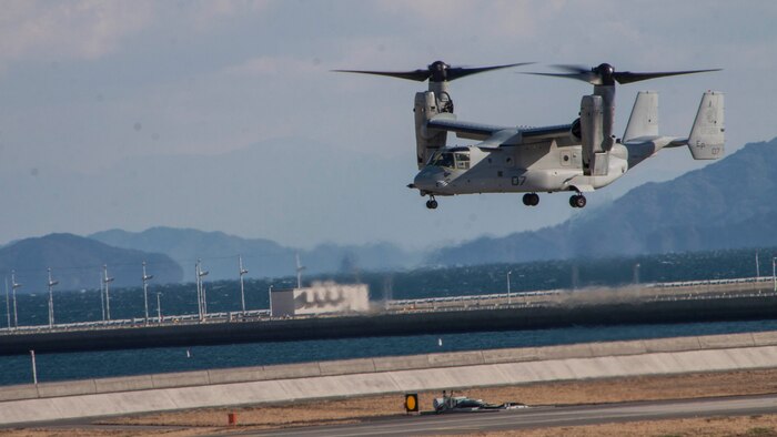 Three MV-22B Osprey with Marine Medium Tiltrotor Squadron 265 landed aboard Marine Corps Air Station Iwakuni, Japan, Dec. 6, 2014, to refuel and begin planning for support of Exercise Forest Light in Kumamoto Prefecture. Forest Light is a routine, semiannual training exercise that enhances the readiness of the U.S. Marine Corps and Japan Ground Self-Defense Force and is in accordance with the U.S.-Japan Treaty of Mutual Cooperation and Security.