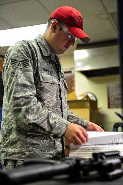 Senior Airman Christopher Crawley, 1st Special Operations Security Forces Squadron Combat Arms Training and Maintenance instructor, reads a Technical Order for repairing an M4 rifle at Hurlburt Field, Fla., December 2, 2014. CATM instructors provide firing training and maintain all weapons used by CATM and Security Forces. (U.S. Air Force photo/Airman 1st Class Jeff Parkinson)