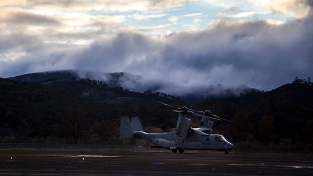 An MV-22B Osprey with Marine Medium Tilt-Rotor Squadron 161 (Reinforced), 15th Marine Expeditionary Unit, lands during Realistic Urban Training aboard Fort Hunter Liggett, Calif., Dec. 4, 2014. RUT prepares the 15th MEU Marines for their upcoming deployment, enhancing their combat skills in environments similar to those they may find in future missions. (U.S. Marine Corps photo by Cpl. Elize McKelvey/Released)