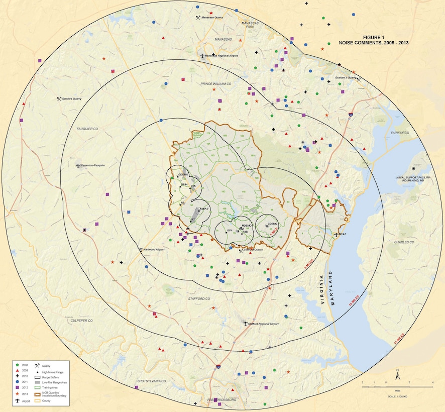 Map of sound complaints called into Marine Corps Base Quantico.