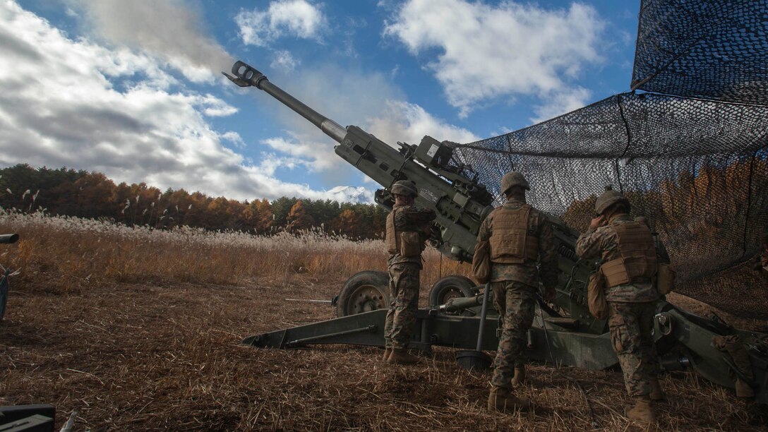 Marines fire an M777A2 lightweight 155 mm howitzer Nov. 7 at the North Fuji Maneuver Area during Artillery Relocation Training Program 14-3. ARTP is a regularly scheduled training event that increases and maintains combat readiness of U.S. Marine forces and supports the U.S.-Japan Treaty of Mutual Cooperation and Security. The Marines are with Battery I, 3rd Battalion, 11th Marine Regiment, 1st Marine Division, based out of Twentynine Palms, California, and is currently assigned to 3rd Battalion, 12th Marine Regiment, 3rd Marine Division, III Marine Expeditionary Force, under the unit deployment program. 