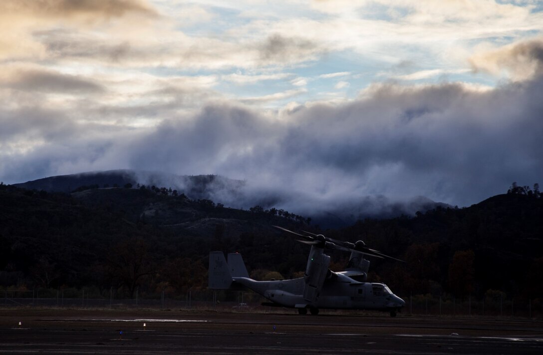 An MV-22B Osprey with Marine Medium Tilt-Rotor Squadron 161 (Reinforced), 15th Marine Expeditionary Unit, lands during Realistic Urban Training aboard Fort Hunter Liggett, Calif., Dec. 4, 2014. RUT prepares the 15th MEU Marines for their upcoming deployment, enhancing their combat skills in environments similar to those they may find in future missions. (U.S. Marine Corps photo by Cpl. Elize McKelvey/Released)