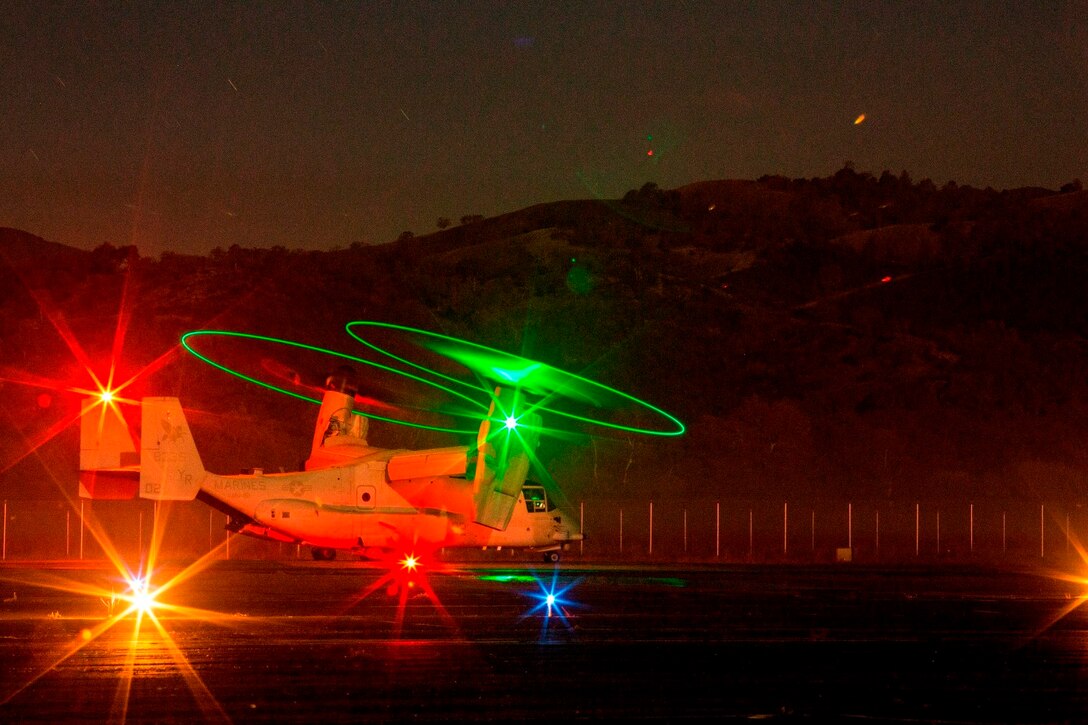 An MV-22B Osprey with Marine Medium Tiltrotor Squadron 161 (Reinforced), 15th Marine Expeditionary Unit, prepares for a tactical recovery of aircraft and personnel mission during realistic urban training aboard Fort Hunter Liggett, Calif., Dec. 7, 2014.  RUT prepares the 15th MEU's Marines for their upcoming deployment, enhancing their combat skills in environments similar to those they may find in future missions. (U.S. Marine Corps photo by Sgt. Jamean Berry/Released)