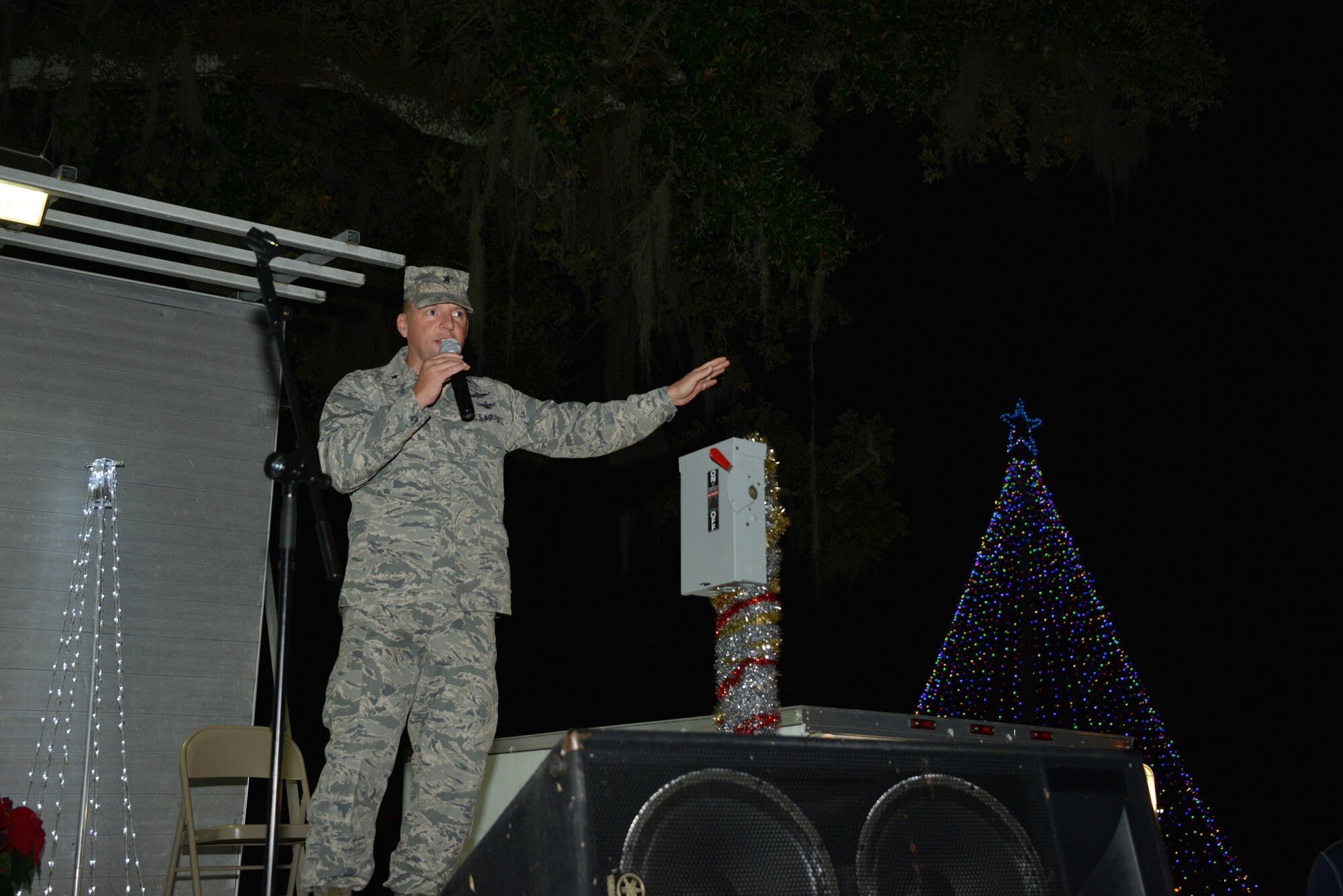 Brig. Gen. Patrick Higby, 81st Training Wing commander, delivers opening remarks to guests at Christmas in the Park Dec. 3, 2014, at Marina Park, Keesler Air Force Base, Miss. The event, hosted by Outdoor Recreation, included a tree lighting ceremony, hay rides, holiday music, cookie decorating and visits with Santa. (U.S. Air Force photo by Marie Floyd)