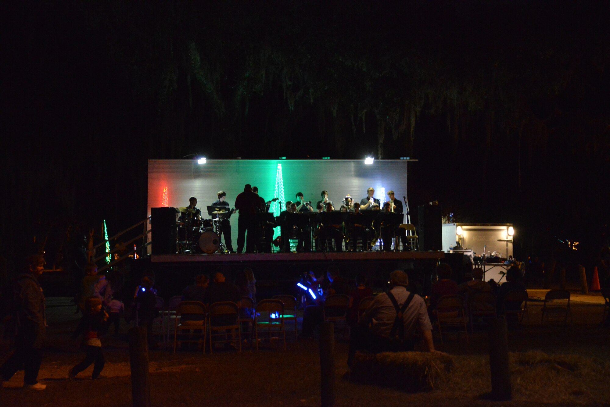 Members of the jazz band from William Carey University, play holiday music during Christmas in the Park Dec. 3, 2014, at Marina Park, Keesler Air Force Base, Miss. The event, hosted by Outdoor Recreation, included a tree lighting ceremony, hay rides, holiday music, cookie decorating and visits with Santa. (U.S. Air Force photo by Marie Floyd)