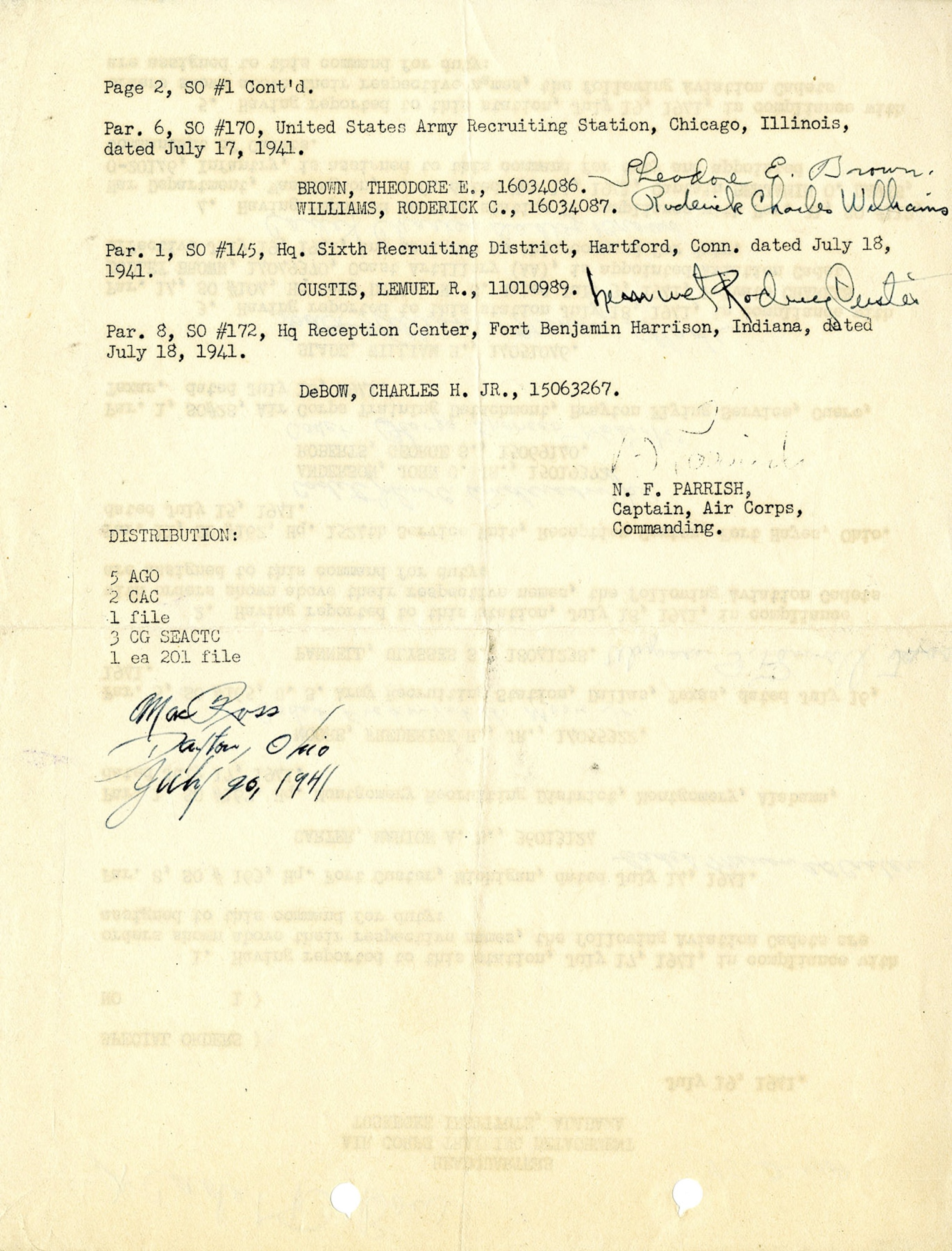 [Side 2] Orders assigning the first aviation cadets to Tuskegee. (U.S. Air Force photo)