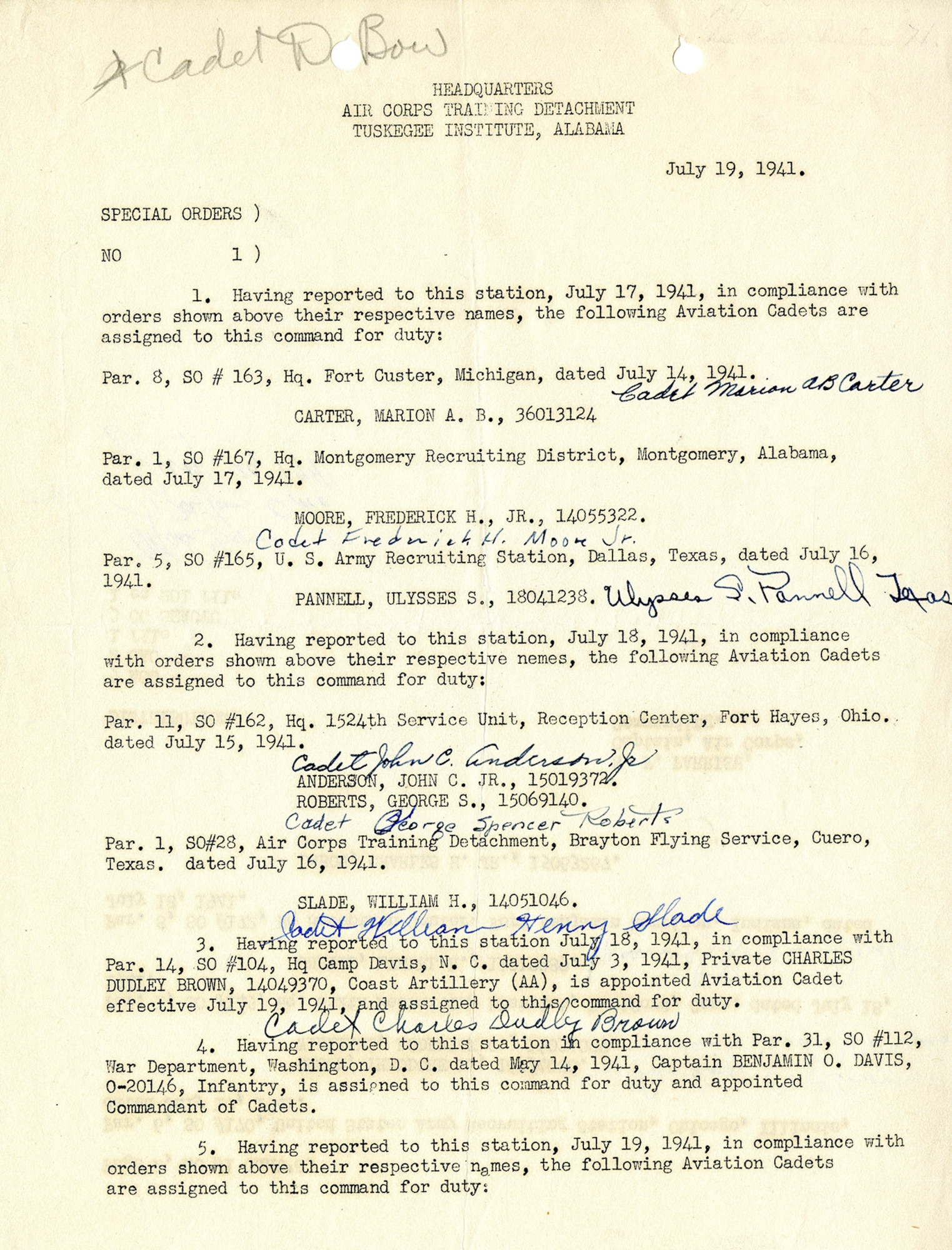 [Side 1] Orders assigning the first aviation cadets to Tuskegee. (U.S. Air Force photo)