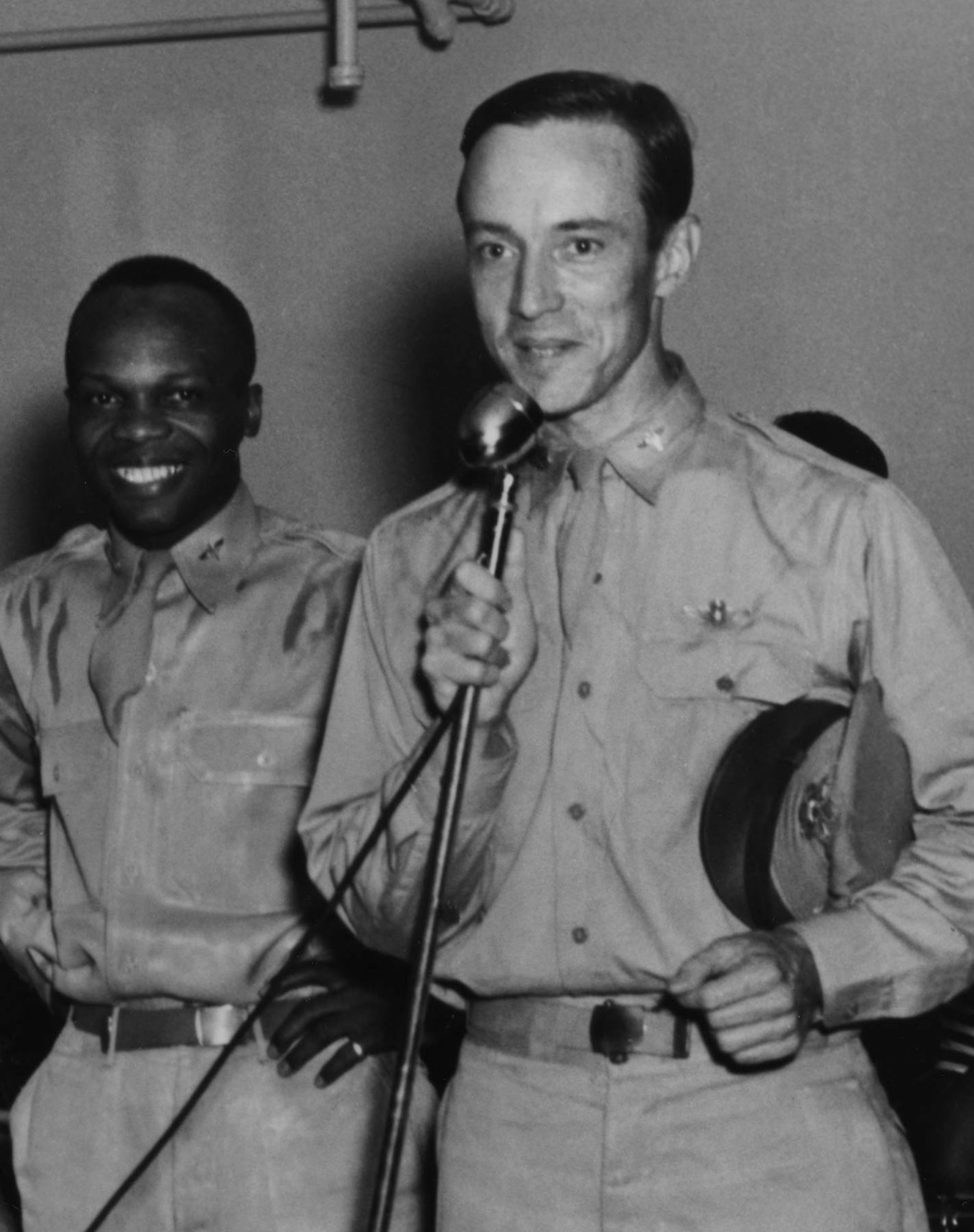 Lt. Col. (later Brig. Gen.) Noel F. Parrish with an Aviation Cadet at Tuskegee. (U.S. Air Force photo)