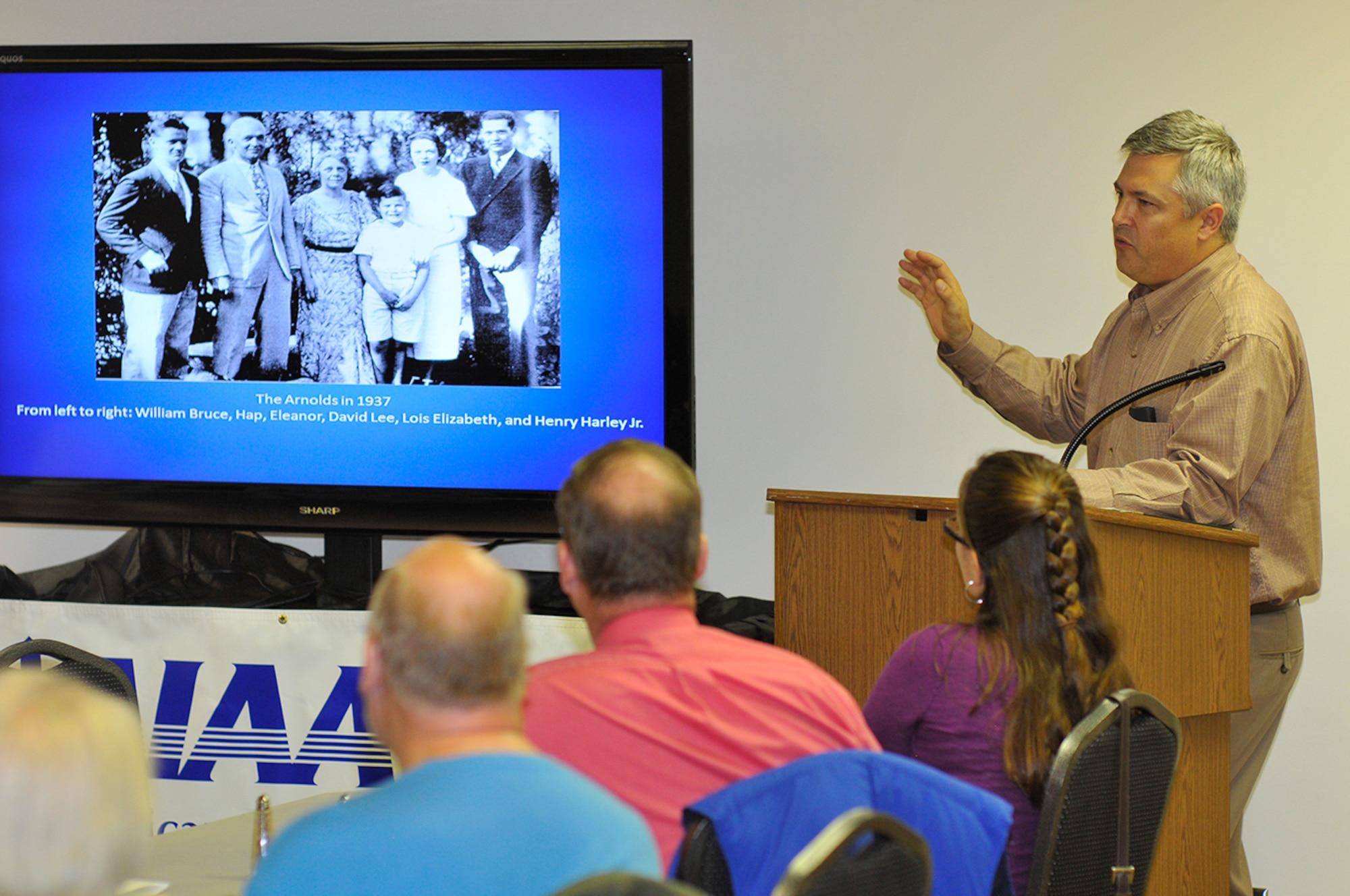 AEDC Historian Chris Rumley discusses the life and legacy of General of the Air Force Henry “Hap” Arnold to the American Institute of Aeronautics and Astronautics Tennessee Section members in a meeting on Oct. 30. (Photo by Rick Goodfriend)