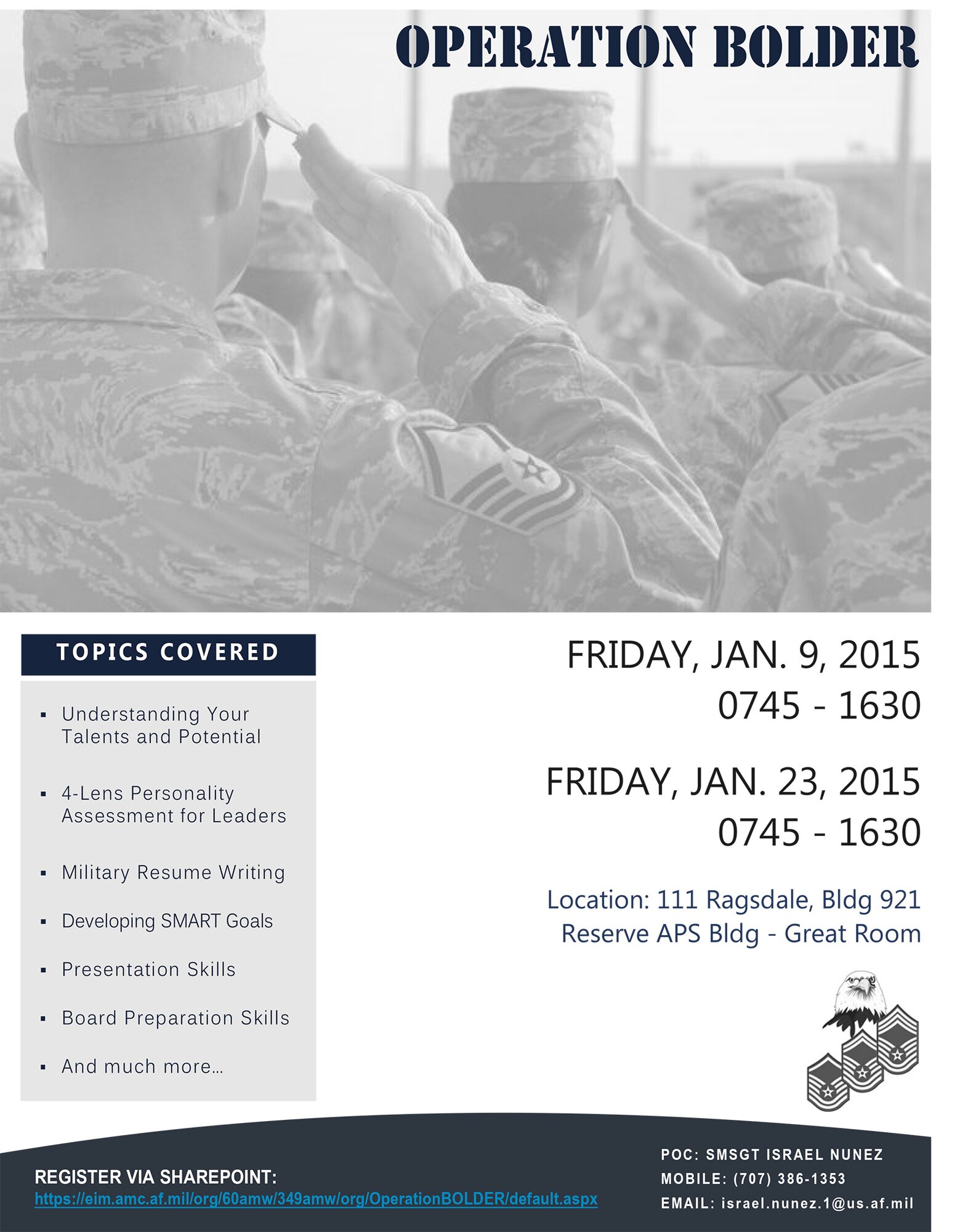 TRAVIS AIR FORCE BASE, Calif. -- Sign up for Operation BOLDER, Friday Jan. 9, 2015 or Friday Jan. 23, 2015. (U.S. Air Force courtesy illustration) 
