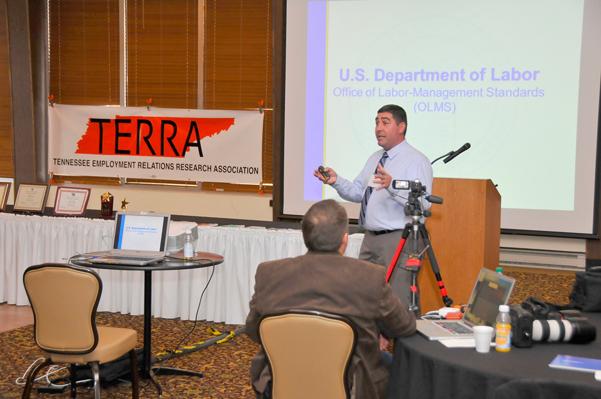 Craig Neel, the Atlanta-Nashville district director with the Office of Labor-Management Standards, speaks to attendees of the Tennessee Employment Relations Research Association (TERRA) 16th Annual Conference at Arnold Air Force Base on Nov. 13. The three-day conference is a forum to bring management and labor from middle Tennessee together to discuss current work-related issues that impact both sides and to find common ground on approaching those challenges. (Photo by Rick Goodfriend)