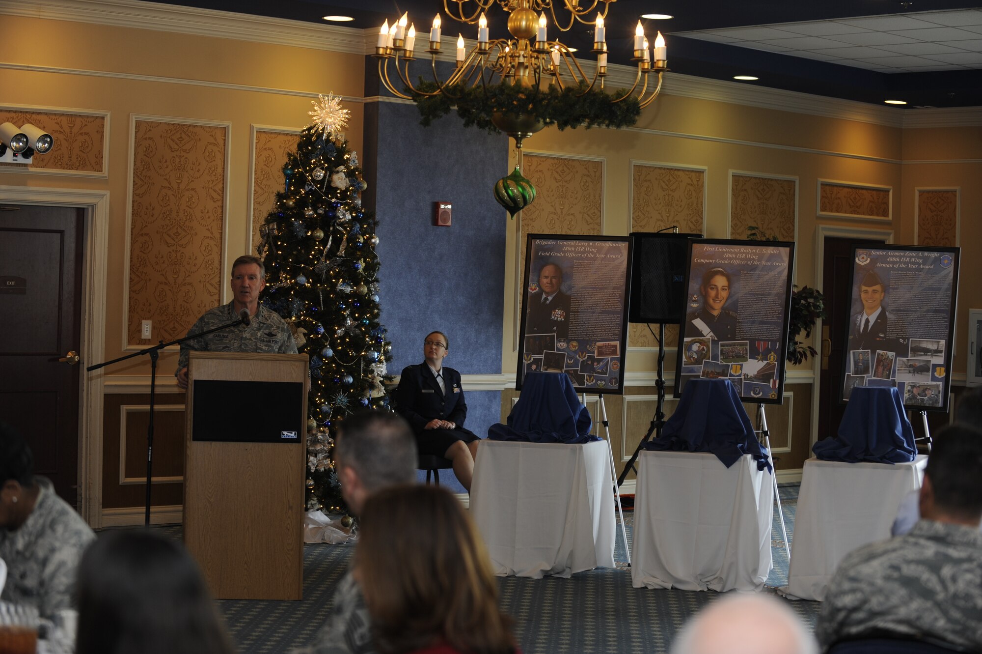 U.S. Air Force Gen. Hawk Carlisle, commander of Air Combat Command, speaks at the 480th Intelligence, Surveillance and Reconnaissance Wing Heritage Observance and Awards Dedication ceremony at Langley Air Force Base, Va., Dec. 4, 2014.  Carlisle spoke of the ISR’s accomplishments and contributions to the Air Force, and also recognized the Airmen honored at the ceremony. (U.S. Air Force photo by Staff Sgt. Natasha Stannard/Released)