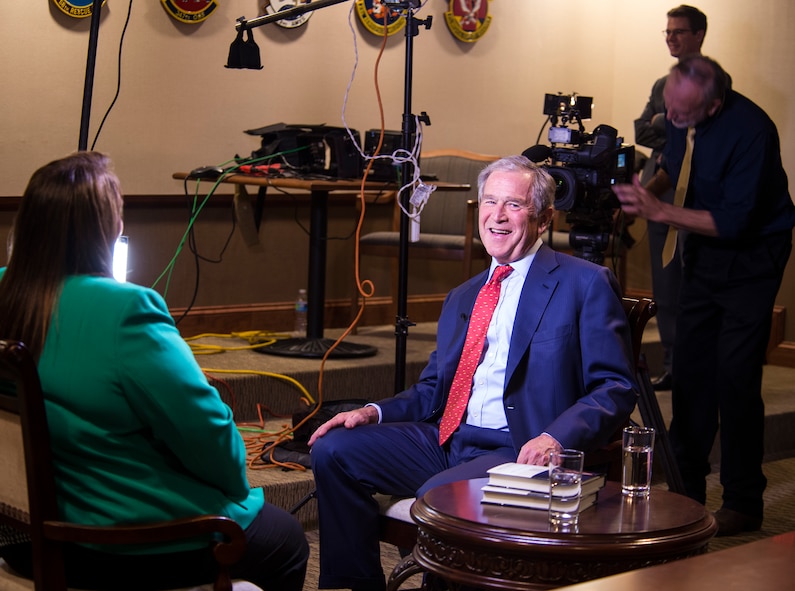 The Honorable George W. Bush, 43rd President of the United States, smiles before the start of an interview with CNN reporter Candy Crowley Dec. 4, 2014 on Moody Air Force Base, Ga. The interview is scheduled to air Sunday on CNN at 12 p.m. and 9 p.m. EST. (U.S. Air Force photo by Airman 1st Class Ceaira Tinsley/Released)