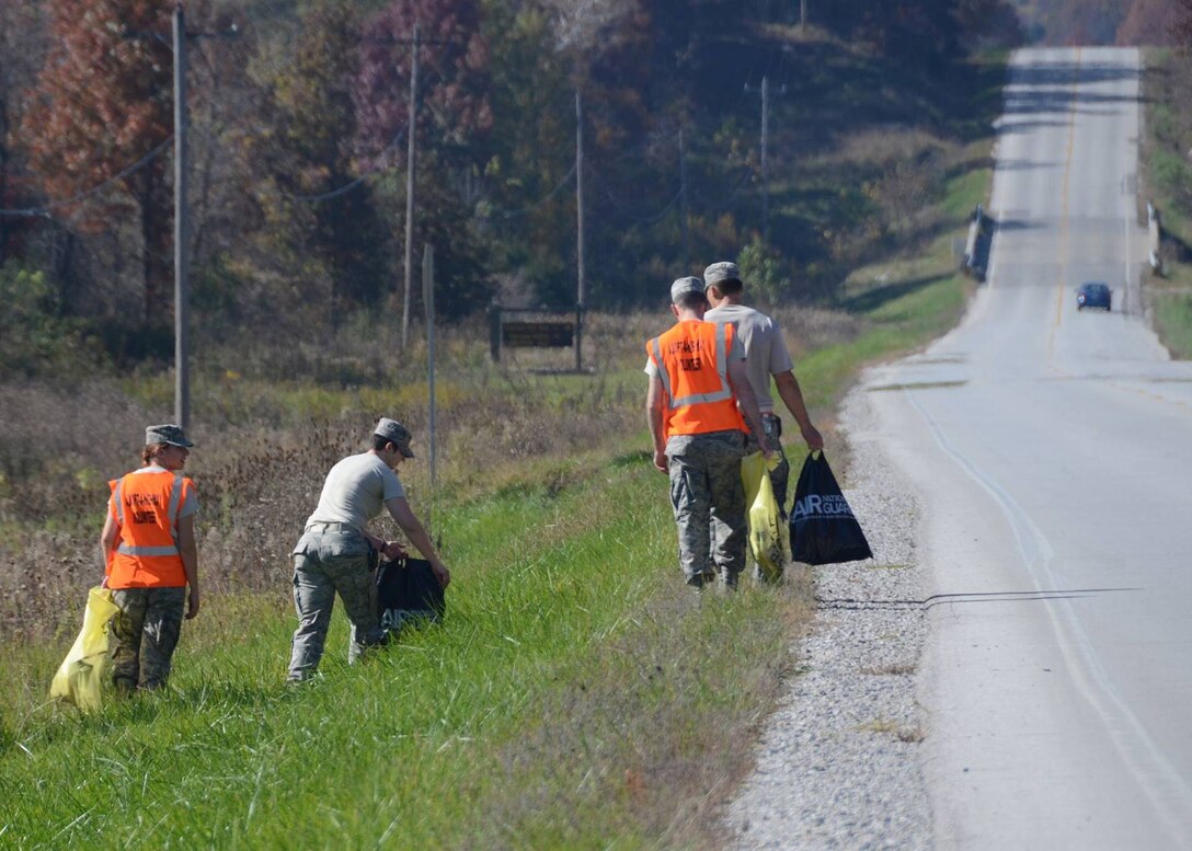 131st Bomb Wing Missouri National Guard Citizen-Airmen from the 131st Bomb
Wing's Six-Below Council show their volunteer spirit picking up trash near
Whiteman Air Force Base on a section of road in Knob Noster, Missouri. The
Council is a great way to meet people, voice concerns and give back to the
community.