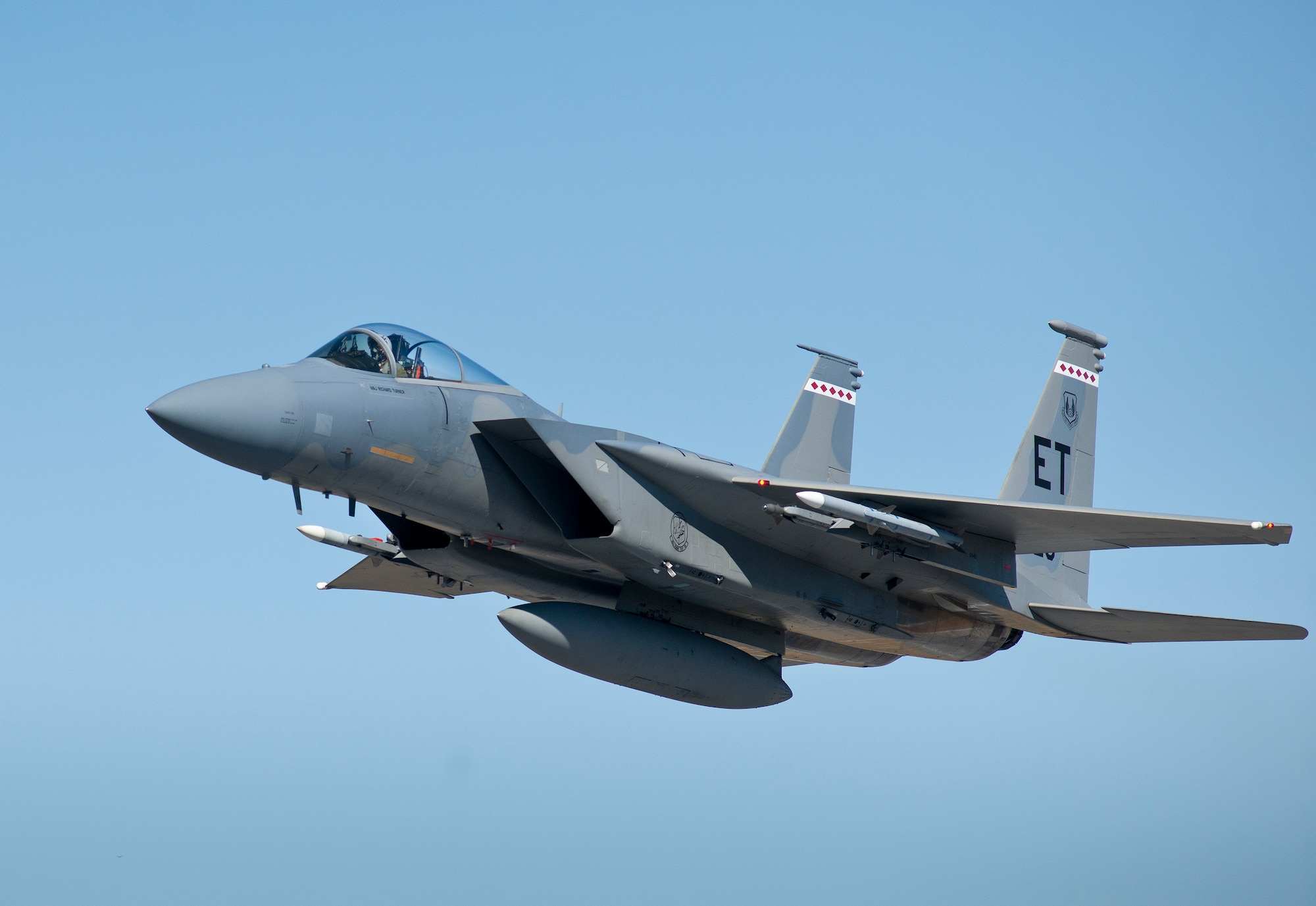A 40th Flight Test Squadron F-15 Eagle soars after completing a fly by on the Duke Field runway during a morning sortie.  The 40th FTS Airmen fly operational test missions in the F-16, F-15 and A-10. The 40th FTS is a squadron in the 96th Test Wing. (U.S. Air Force photo/Samuel King Jr.)