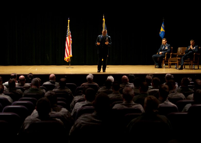 JOINT BASE ELMENDORF-RICHARDSON, Alaska --  Lt.Col Michael Griesbaum addresses his newly assumed group members at a change of command ceremony here Dec. 6, 2014. U.S. Air National Guard photo by Staff Sgt N. Alicia Halla/ Released