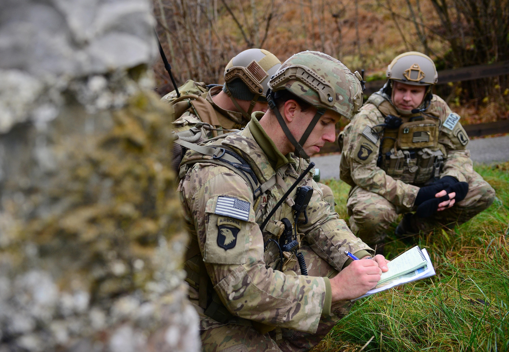 Joint tactical air controllers call in simulated airstrikes Dec. 2, 2014, in Barcis, Italy. Trained in all types of warfare, JTACs are proficient in a variety of technology, a range of weaponry, and can advise and support ground commanders. The training allowed JTACs to coordinate with F-16 Fighting Falcons and practice calling in airstrikes on simulated targets in the mountains. The JTACs are from the 435th Air Ground Operations Wing's 2nd Air Support Operations Squadron. (U.S. Air Force photo/Senior Airman Matthew Lotz)