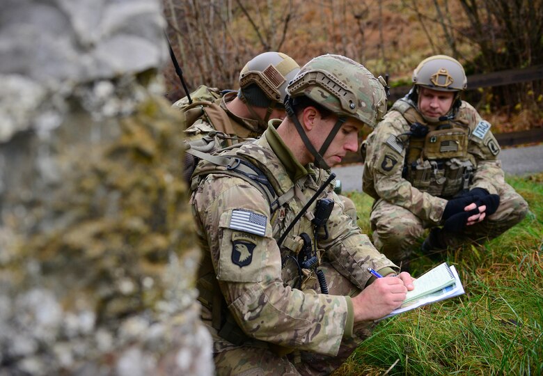 Joint tactical air controllers call in simulated airstrikes Dec. 2, 2014, in Barcis, Italy. Trained in all types of warfare, JTACs are proficient in a variety of technology, a range of weaponry, and can advise and support ground commanders. The training allowed JTACs to coordinate with F-16 Fighting Falcons and practice calling in airstrikes on simulated targets in the mountains. The JTACs are from the 435th Air Ground Operations Wing's 2nd Air Support Operations Squadron. (U.S. Air Force photo/Senior Airman Matthew Lotz)